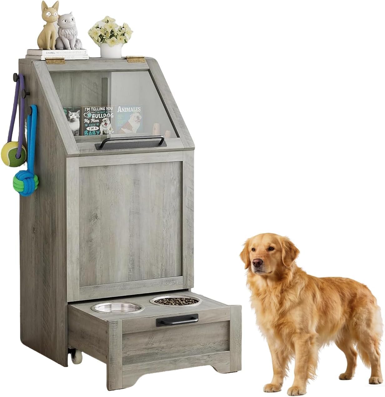 Station d'alimentation pour Chien, Meuble d'armoire Alimentaire avec 2 gamelles surélevées pour Chien, Couvercle Rabattable, Grand Espace pour Nourriture Et Jouets–Meuble en Bois élégant