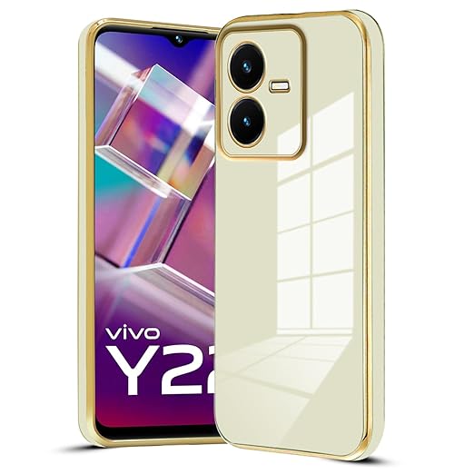 6D Chrome Back Cover Case for Vivo Y22 | (Gold Plated Frame | Glossy Backside -Off White)