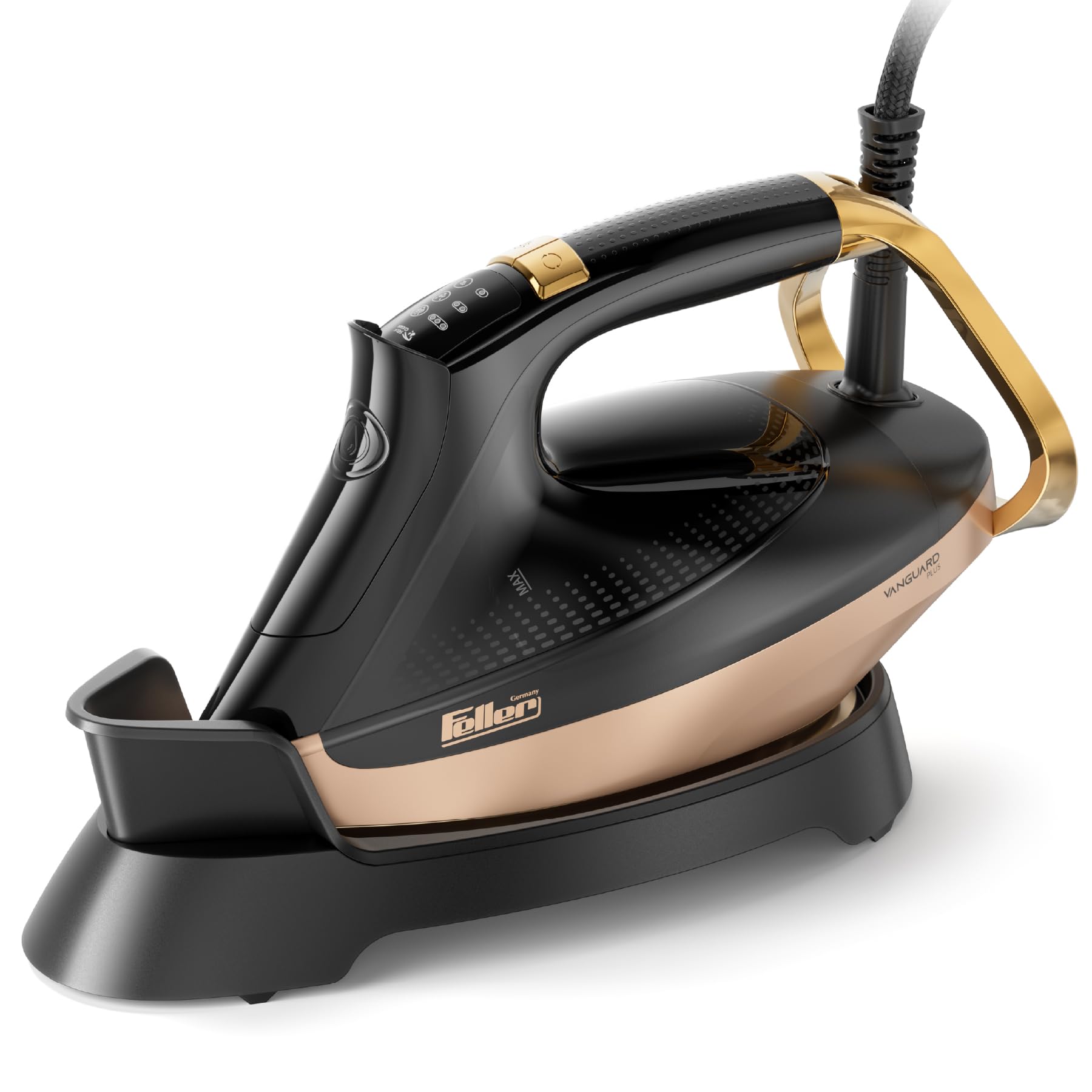Feller Germany Vanguard Plus Steam Iron 3000W,Grab-to-Steam Technology,Prime Gold Ceramic 2x Sole Plate+Anti Calc,Anti Drip,Auto Shut Off,Display,Turbo Steam, SI300,2Y Guarantee-UAE Version (Gold)