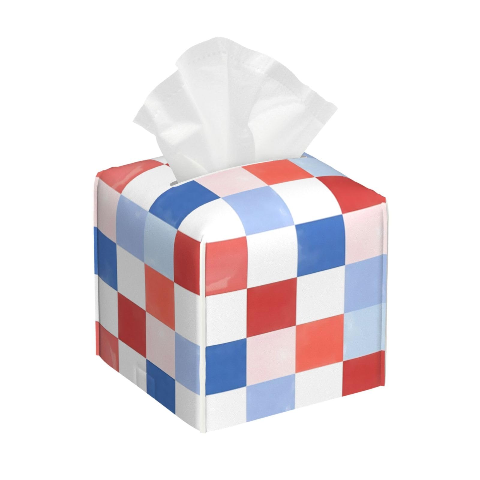 Red White Blue Gingham Check Seamless Pattern Tissue Box Cover 5" Square Leather Tissue Holder Facial Tissue Case for Tabletop Bedroom Bathroom Desk Decor