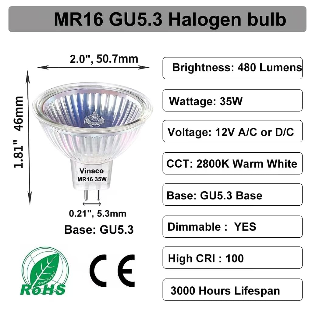 Condition photo showing Brand New for vinaco mr16 bulb,10 pack 35w gu5.3 base, 480lm high output 12v 35w bulb, 2800k warm white mr16 dimmable with clear glass cover, mr16 gu5.3 for landscape, track lights