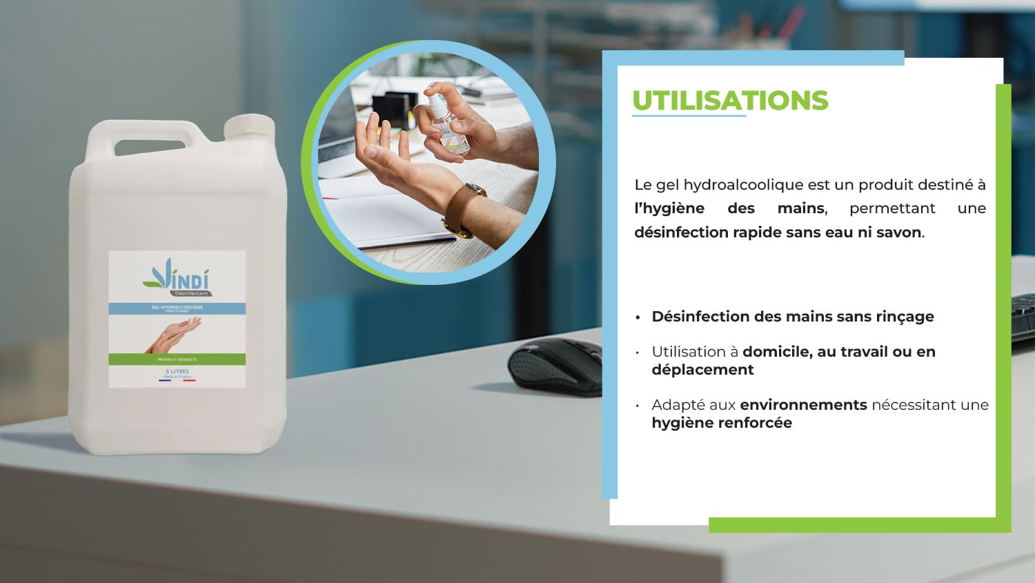 Vindi Désinfectant gel hydroalcoolique - Bidon de 5L - Fabrication Française -76% d'alcool - Virucide