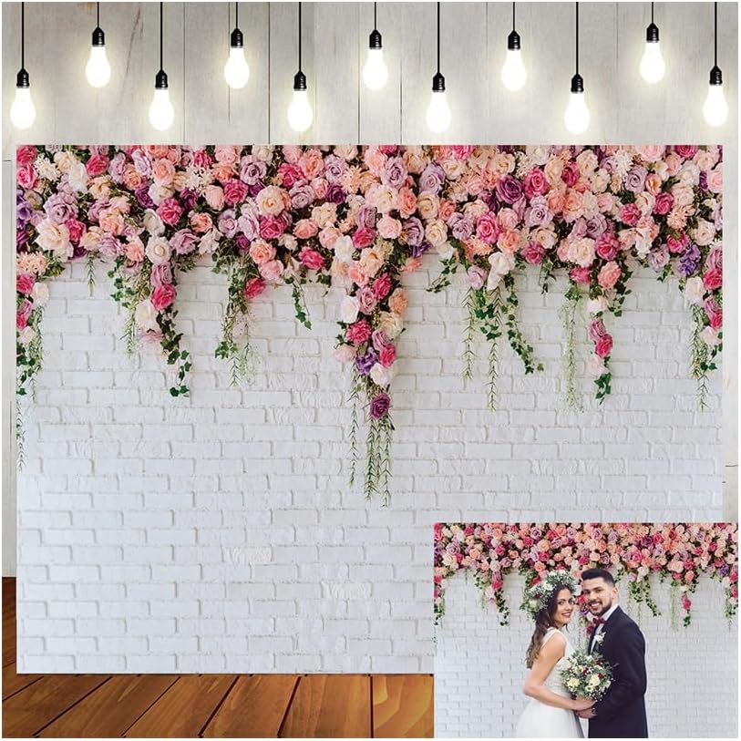 LTLYH 8x8ft White Brick Wall Flowers Background Spring Theme Photography Backdrop for Mother's Day Valentine Wedding Bridal Baby Shower Birthday Party Decor Banner Portrait Photo Booth Prop 134.........