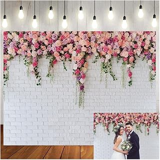 LTLYH 10x8ft White Brick Wall Flowers Background Spring Theme Photography Backdrop for Mother's Day Valentine Wedding Bridal Baby Shower Birthday Party Decor Banner Portrait Photo Booth Prop 134……