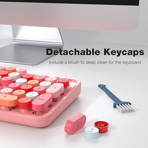 Miniatura 5 de MOFII Teclado y mouse inalámbricos, teclas redondas de color rosa, teclados retro de máquina de escribir, teclado inalámbrico USB 2.4G de tamaño