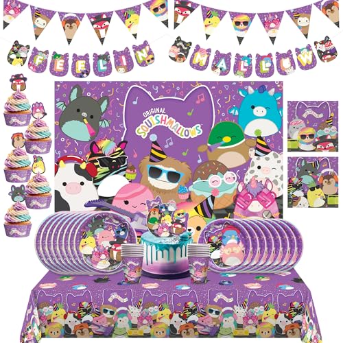 Treasures Gifted Officially Licensed Club Squishmallows Party Supplies - Serves 16 Guests - Ultimate Set Squishmallows Birthday Decorations - Dinnerware, Banners, Cake Toppers, & Backdrop