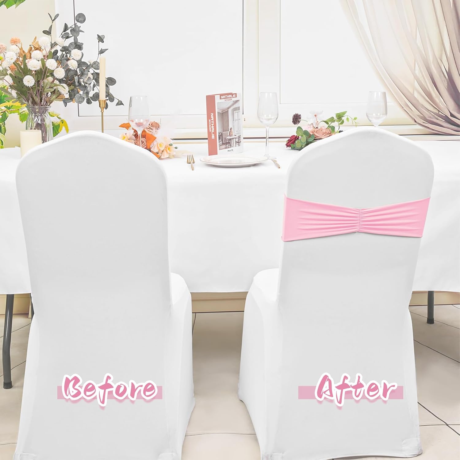 100 PCS Spandex Chair Sashes Bands Stretch Chair Bow Tie Bands Without Buckle Pink Elastic Chair Cover Bands Sashes for Wedding Birthday Party Baby Shower Banquet Events Decorations