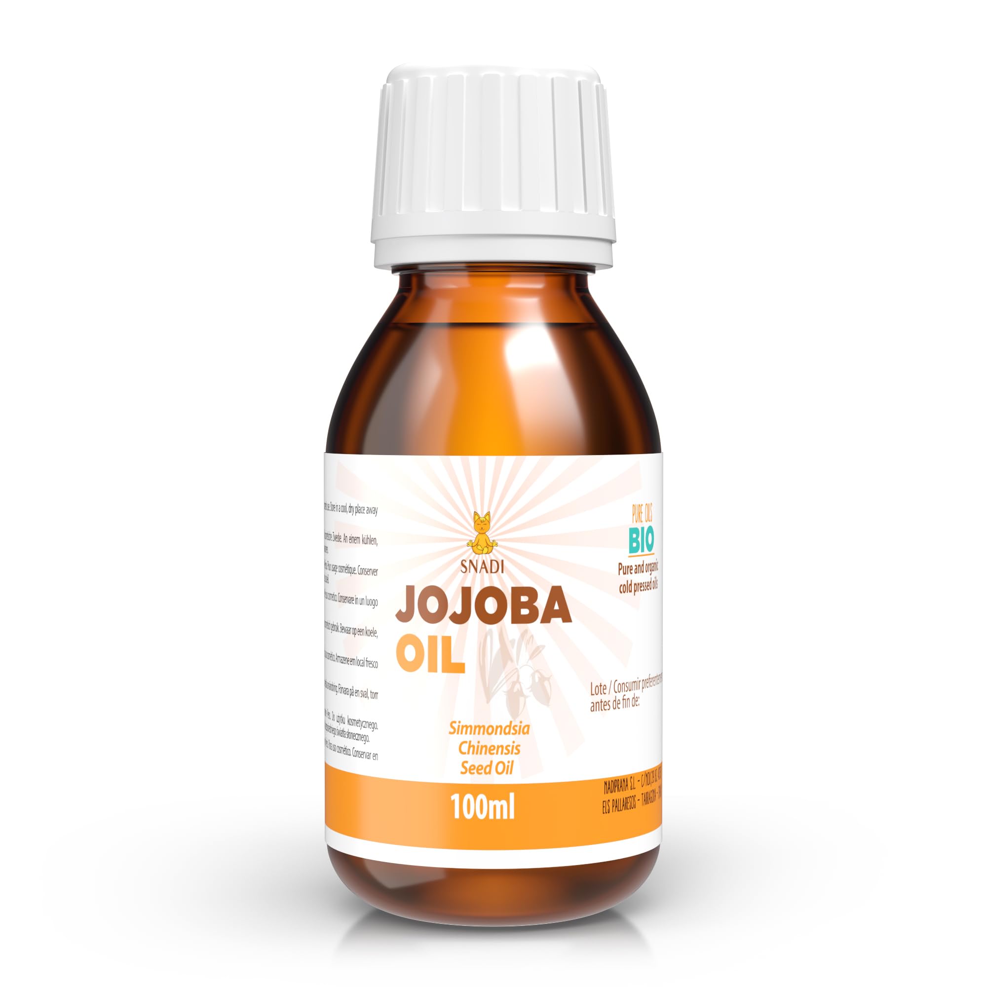 Snadi - Aceite de Jojoba Orgánico Puro Virgen | 100ml | Ecológico | Prensado en Frío | Rico en Vitamina E | Ideal para Piel Grasa y Cabello Quebradizo | Antiedad | Antioxidante | Natural
