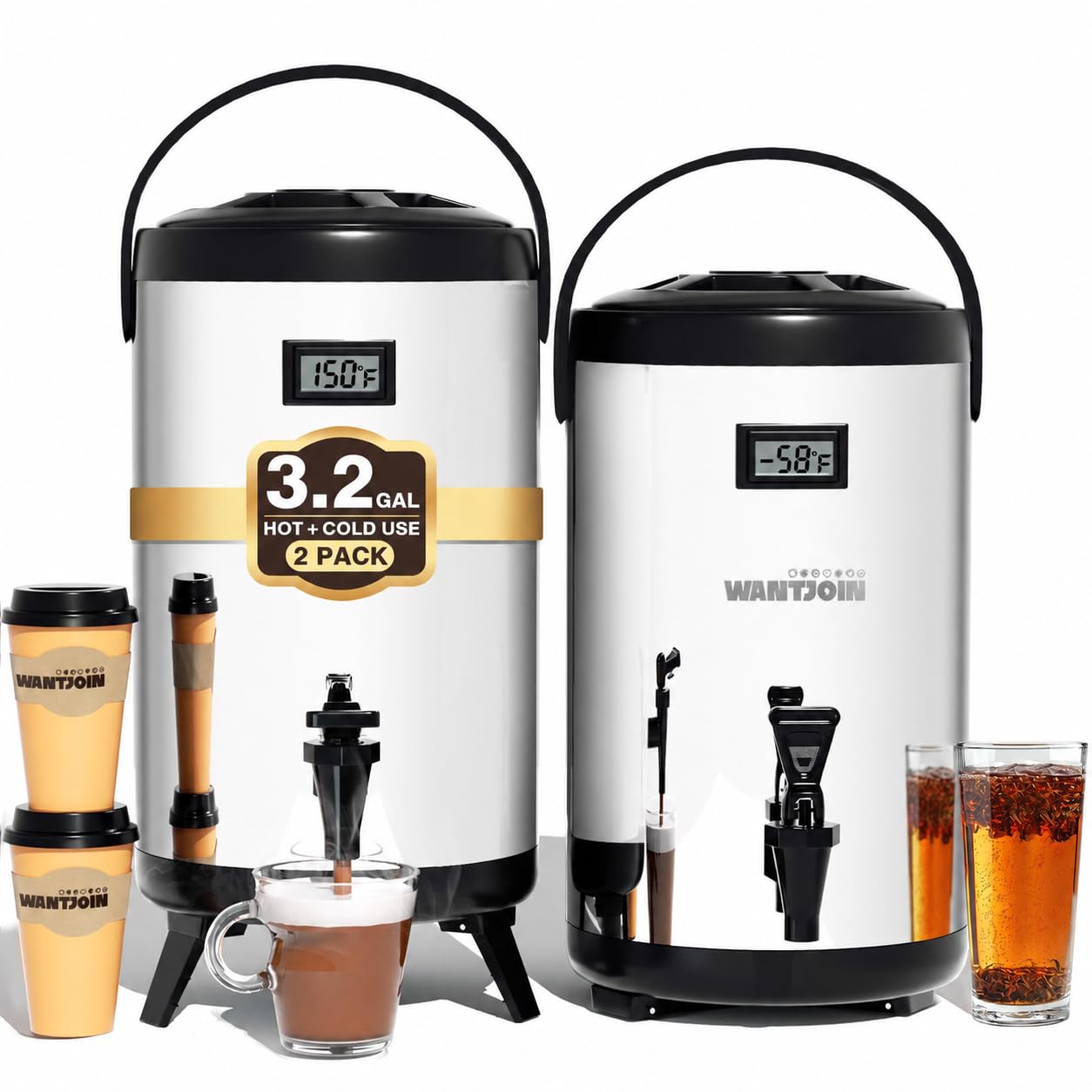 WantJoin Insulated Beverage Dispenser Stainless Steel Silver 3.2 Gal,2 Pack