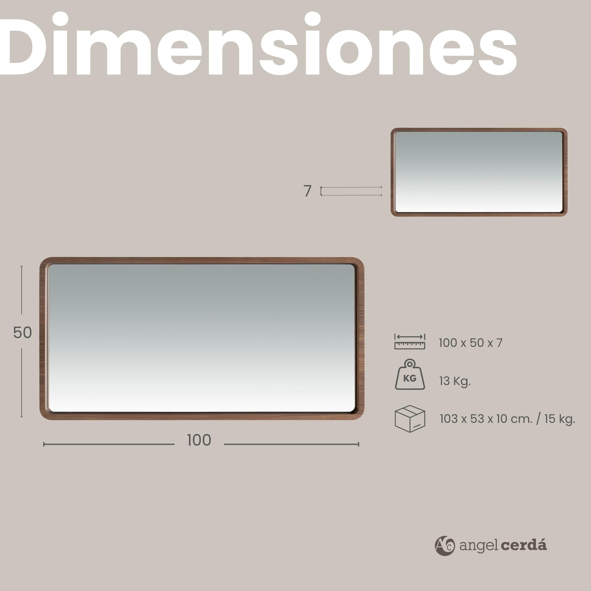 Ángel Cerdá – Espejo Pared Rectangular con Marco de Madera Nogal | Espejo Moderno Grande para Salón, Dormitorio o Entrada | para Decoración Interior, Elegante | 100 x 50 x 7 cm