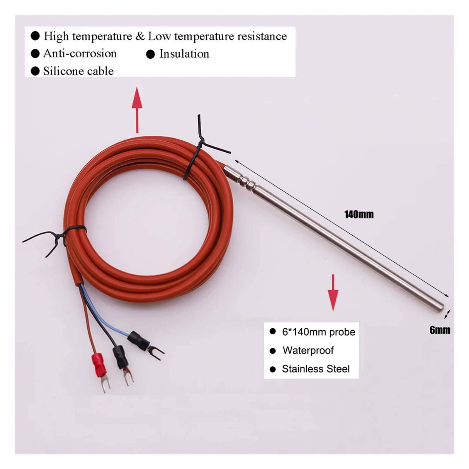 5 uds Clase A 6*140mm 3 cables tipo PT100 sonda de temperatura impermeable sensor termopar alta con cable silicona(With 1m cable)
