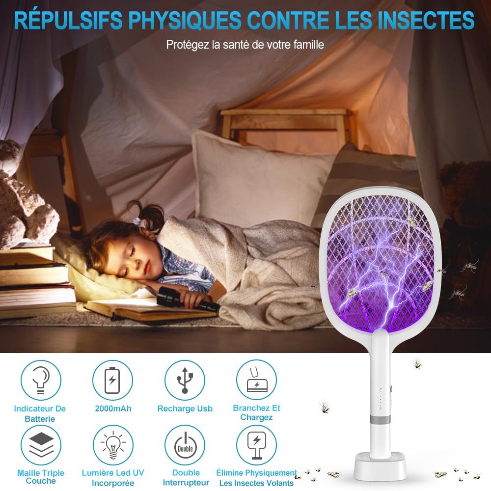 DANGZW Tapette à Mouches Électrique 5000V 2 en 1 2000 mAh USB Rechargeable avec Base de Chargement
