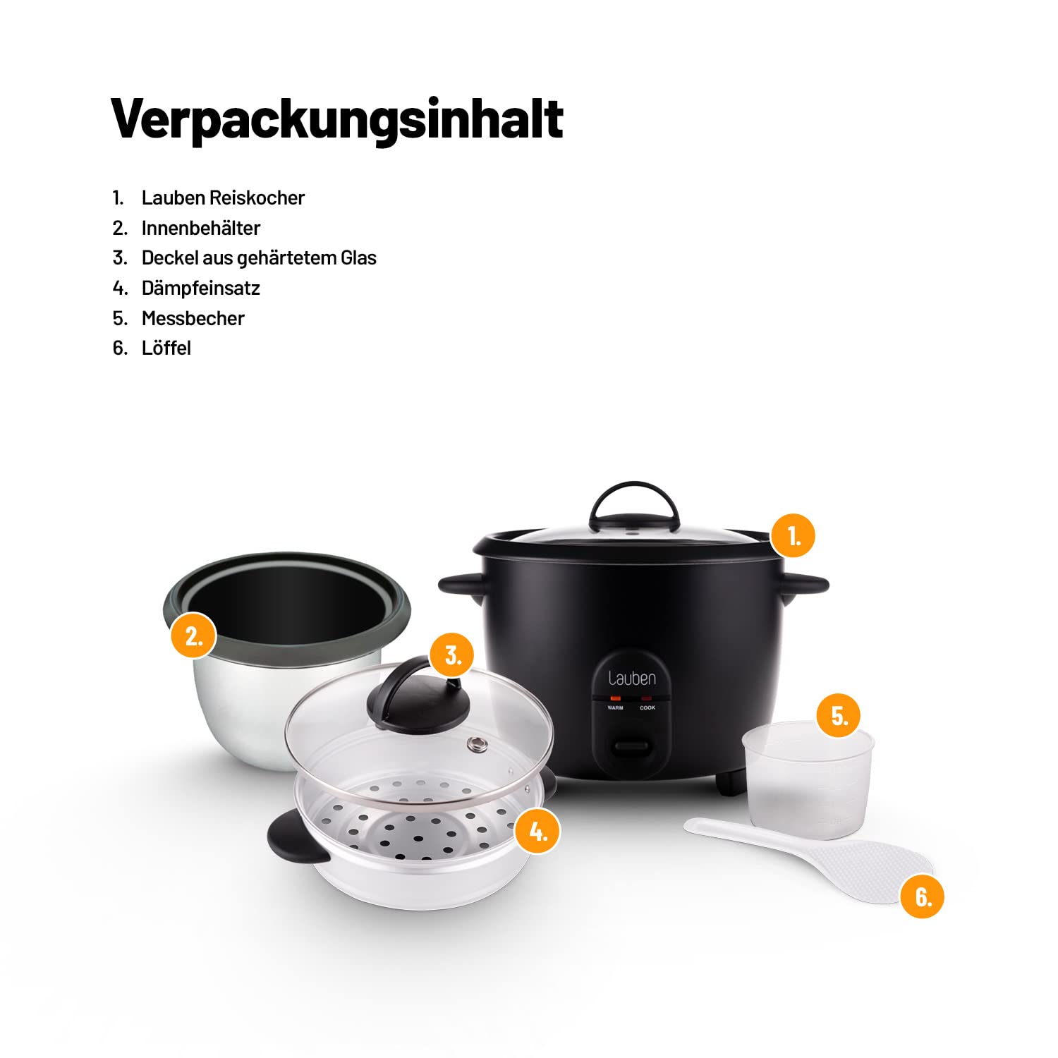 Lauben Rice Cooker 600BC Cuiseur à riz petit avec capacité de 0,6 l, insert vapeur en métal, couvercle en verre trempé, cuiseur vapeur, surface antiadhésive, technologie Cool Touch, fonction maintien