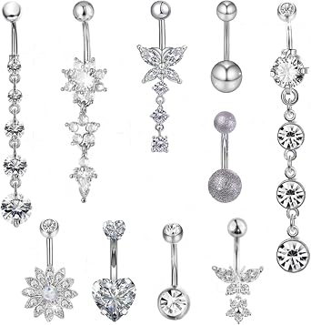 BDSHUNBF 10 Pcs Belly Button Bars Belly Bars Set, Belly Button Rings Belly Button Piercing, Barbell Navel Bars Piercing Jewelry, Flower Butterfly Dangly Belly Button Bars, Navel Bars Set for Women