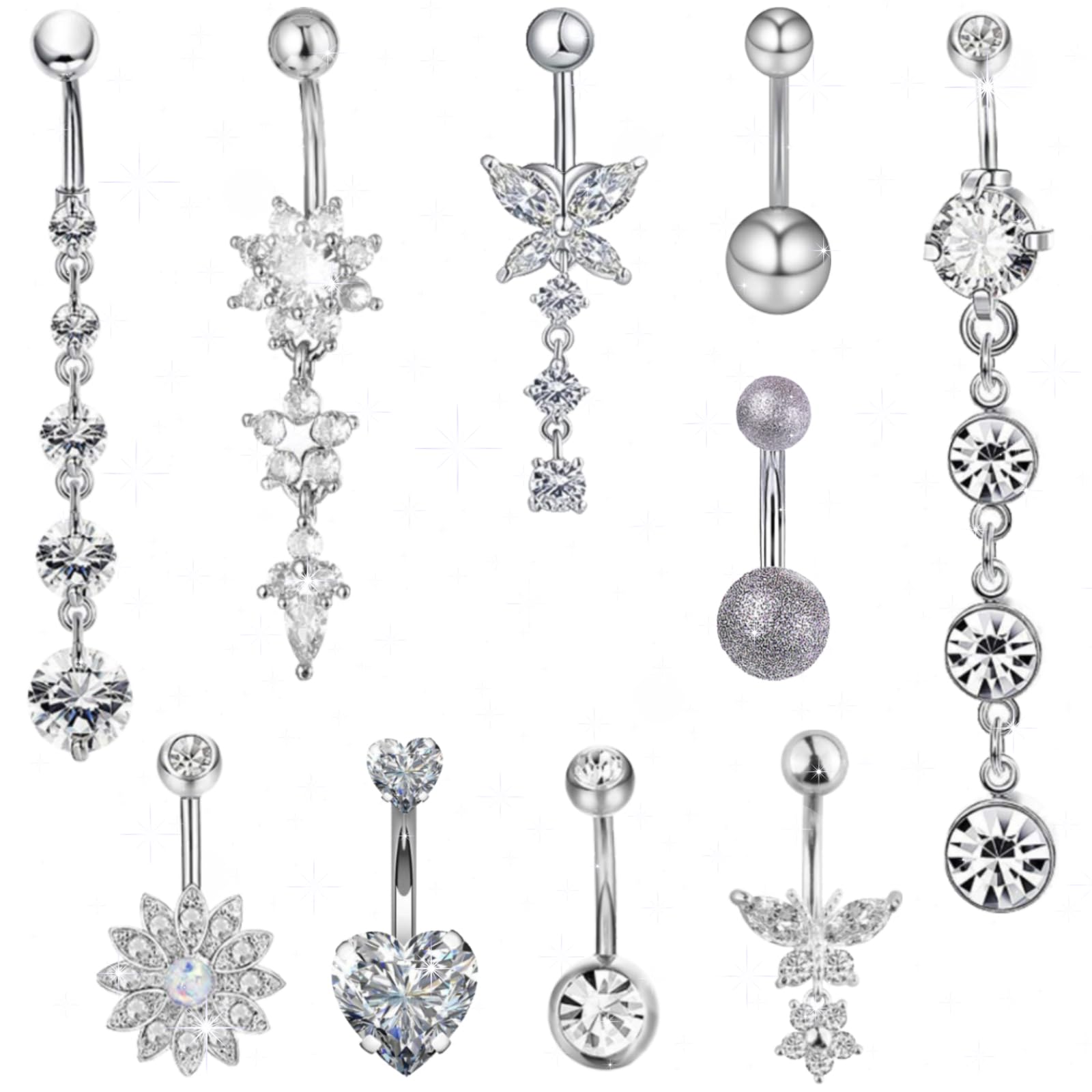 BDSHUNBF 10 Piezas Piercing Ombligo para Mujer, Piercings para Ombligo, Anillos para el Ombligo, Piercing Ombligo Embarazada Colgantes para Piercing de Ombligo Corazón Mariposa Anillos para Ombligo
