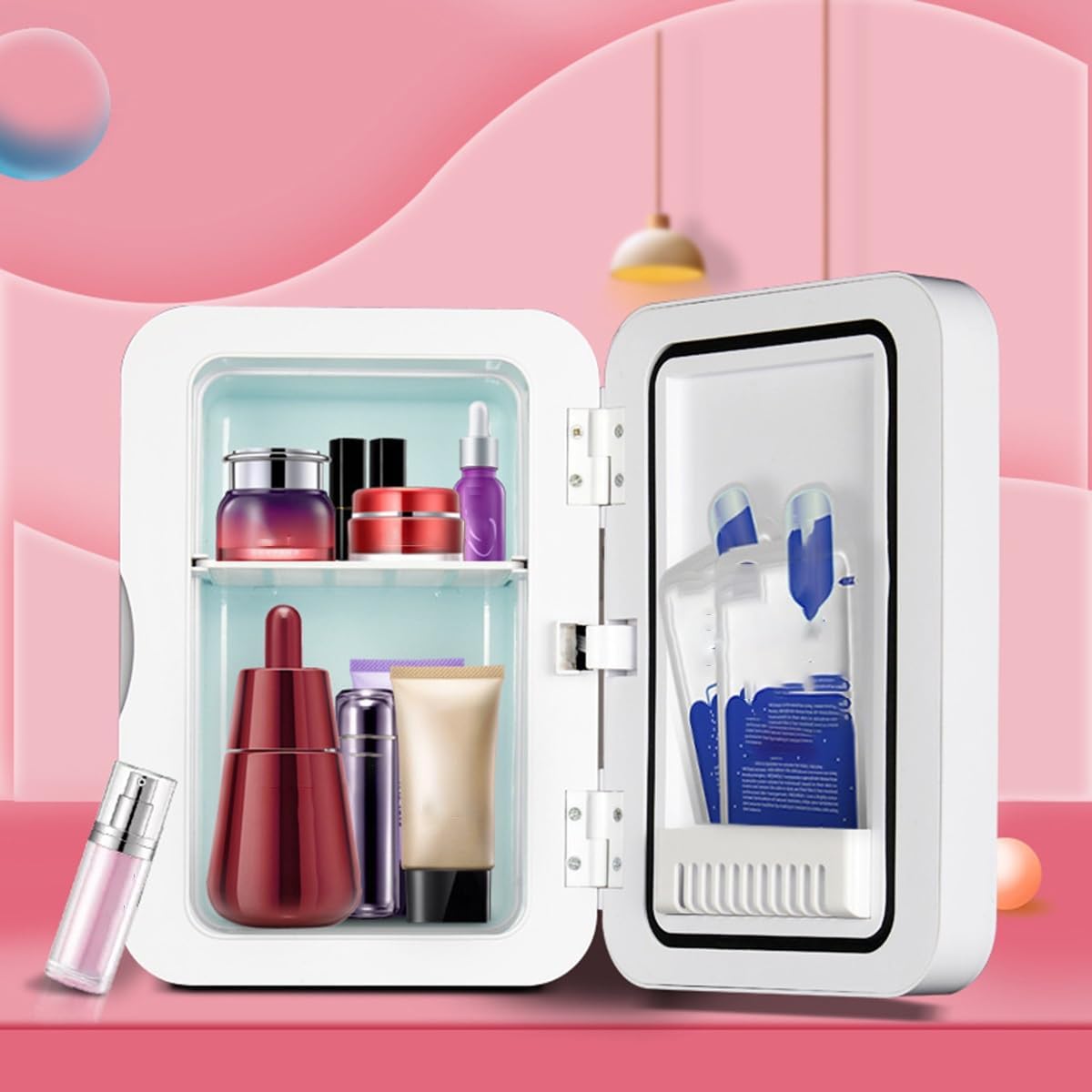 GIZNXBA Mini Fridge White 8L Skincare Fridge with Compartments, Single Door Compact Refrigerator for Desktop, Travel Or Cool & Heat, Makeup Fridge for Cosmetics(Color:/White B,Size:220V)
