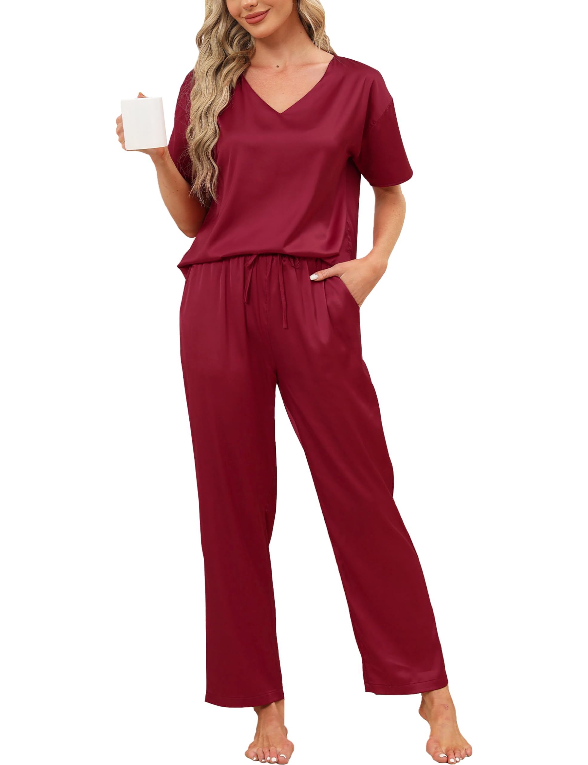 GAESHOWPyjamas for Women Satin Pjs Sets, Short Sleeve Shirt with Long Pajama Pant Set, Two Piece Silk Pyjamas Classic Button Down Sleepwear Loungewear for All Seasons, S-XXL