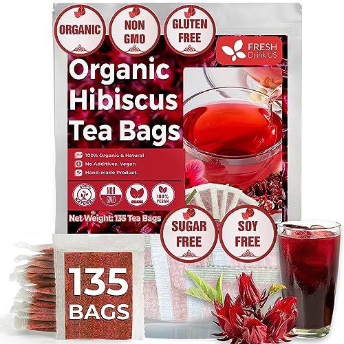 Premium 135 Hibiscus Tea Bags, Pure, Organic, Non-GMO, Made Of 100% Hibiscus Flowers, Loose Flower Hibiscus Herbal Tea, Hibiscus Flower Tea, No Sugar, No Caffeine, No Gluten, No Sugar, Vegan