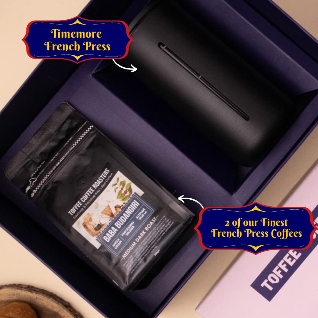 Toffee Coffee Roasters Gift Box | Mysore Nuggets Coffee, Rose Gold French Press (350ml) & 2 Specialty Coffees |Shark Tank Featured Crafted|Hamper for Loved Ones | Gourmet Gift for Coffee Lovers