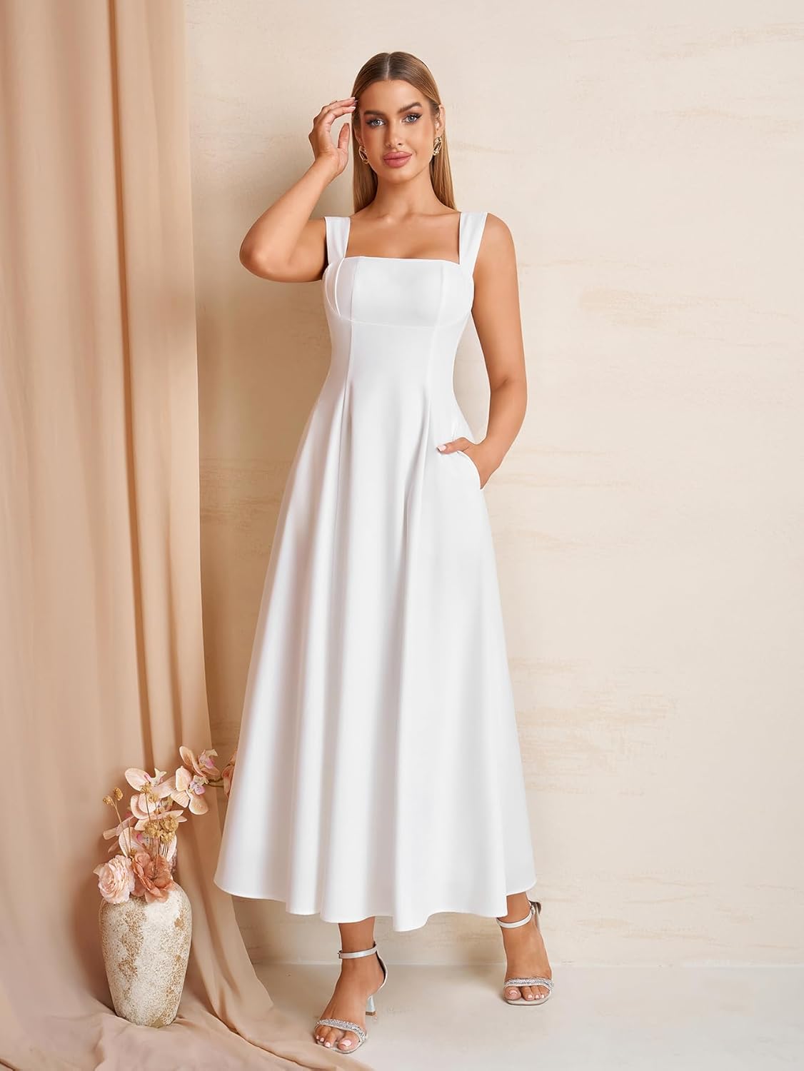 KUTUMAI Bow Tie Floral Corset Midi Dress Flowy Summer Tea Party Wedding Guest Dresses for Women Sundress with Pockets