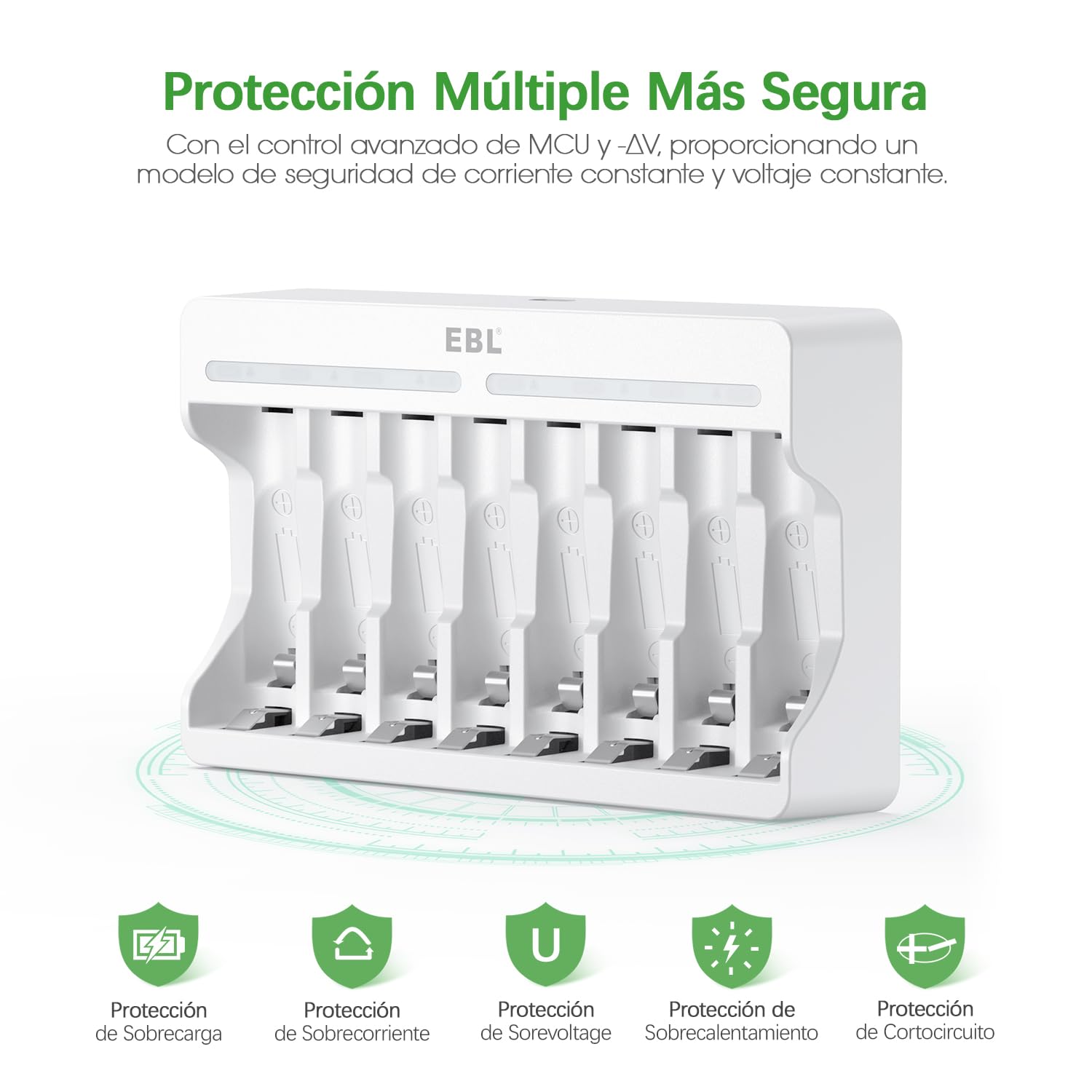 EBL 9010 Cargador de 8 Ranuras Individuales, Cargador de Pilas AA AAA NiMH Carga Rápido con Puerto USB