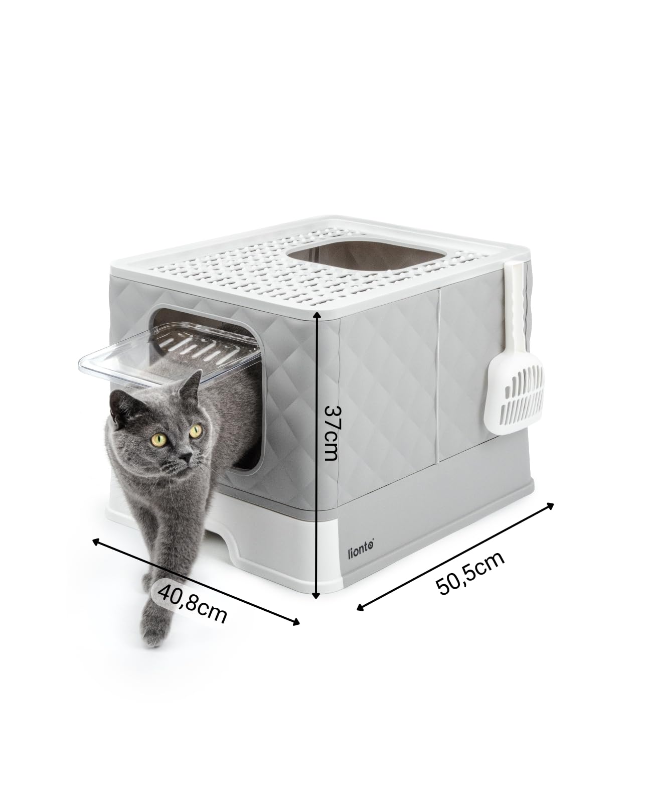 lionto Caja de Arena para Gatos con cajón y Pala, 50,5x40,8x37 cm, Caja de Arena con 2 Salidas y Base a Prueba de Fugas, para Gatos de hasta 15 kg, Plegable, Material PP Duradero, Blanco-Gris