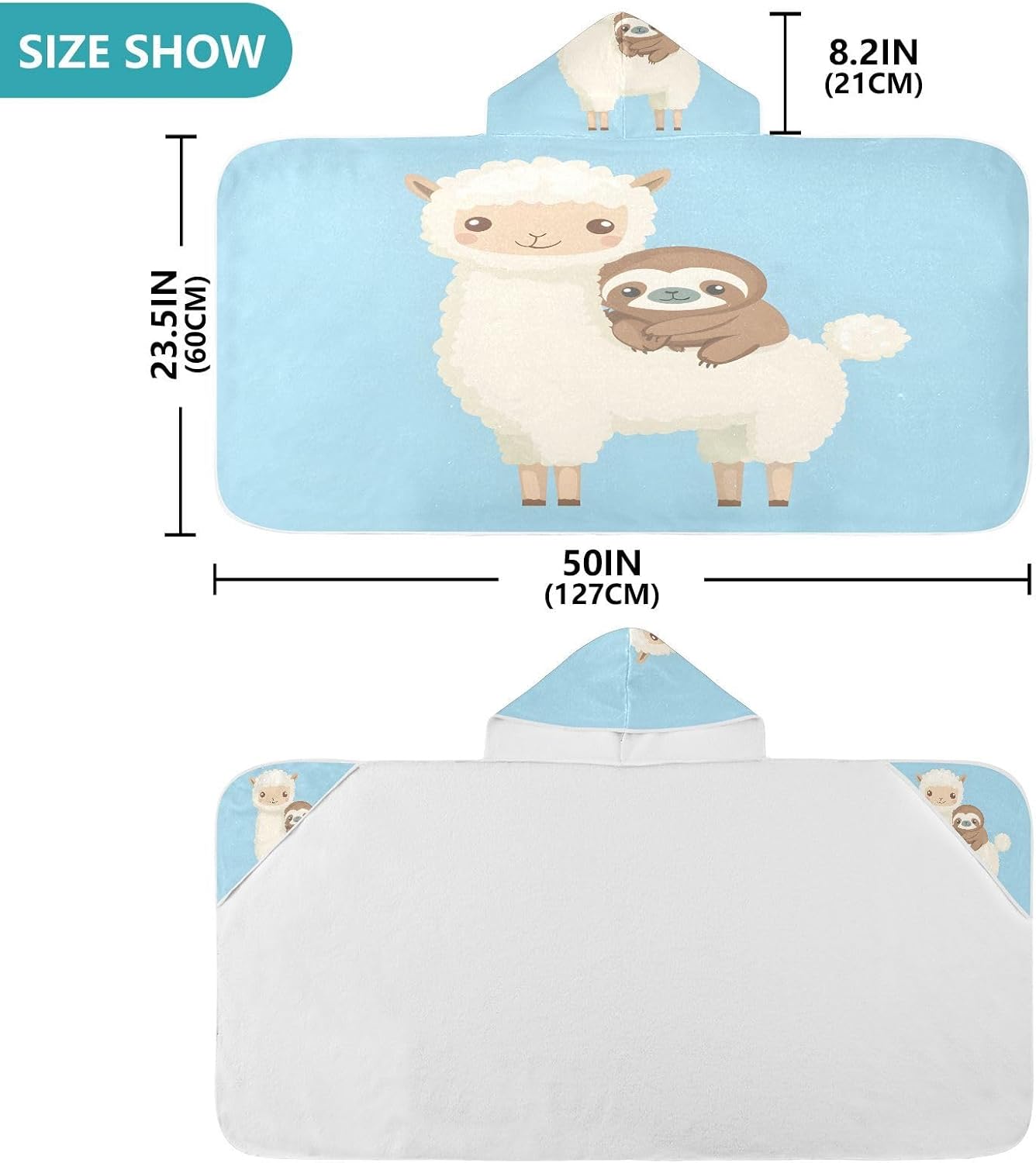 Cute Alpaca Sloth Kids Bath Towels Hooded Poncho, 50x23.5in Quick Dry Beach Towels for Boys Girls Toddlers, Soft Absorbent Baby Bath & Hooded Towels Cape for Swimming Bathroom