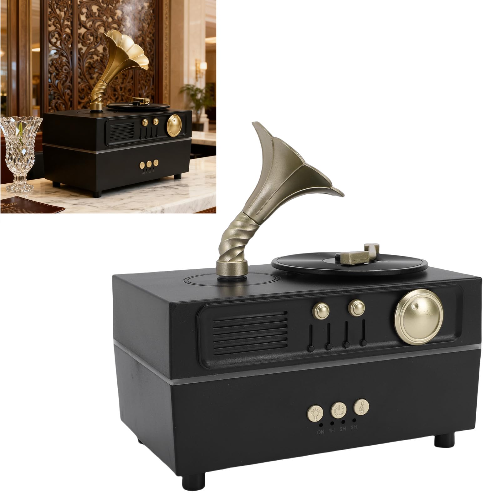 Haofy Humidificador Giratorio USB con Mando a Distancia Difusor de Tocadiscos para Aceites Esenciales Luces Colores Máquina Aromaterapia Vintage Dormitorio Sala Estar Oficina