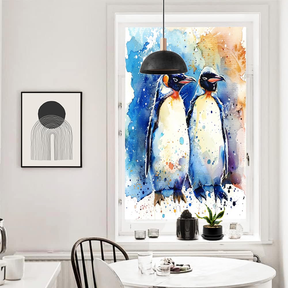 Abstrakter Pinguin-Fenster-Sichtschutzfolie, Retro-Blau, niedliches Tier, Milchglas-Fensterfolie, dekorative statische Haftung für Glas für Zuhause, 80 x 120 cm