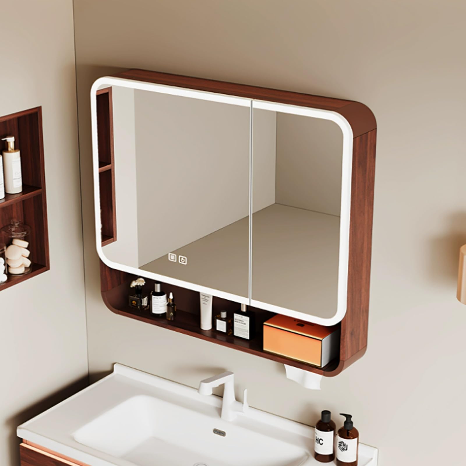 Specchio Bagno Contenitore Anti-Appannamento, Smart Mobile Specchio Bagno con LED Luce, Fessura per Carta, Contenitore da Parete Touch Control(A,70cm/27.6in)