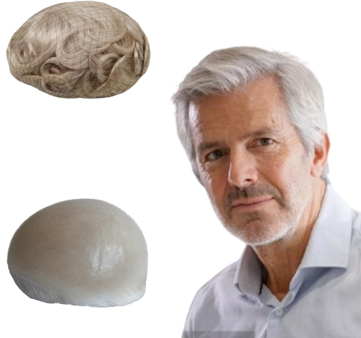 NLW Toupee for Men 0.04 Thin Skin Double Knots 25mm Curl Hairpiece 100% Human Hair System for men wigs Men's Toupee Durable Men's Toupee Real Hair Base Size 8x10 Inch 120% Density #Gray