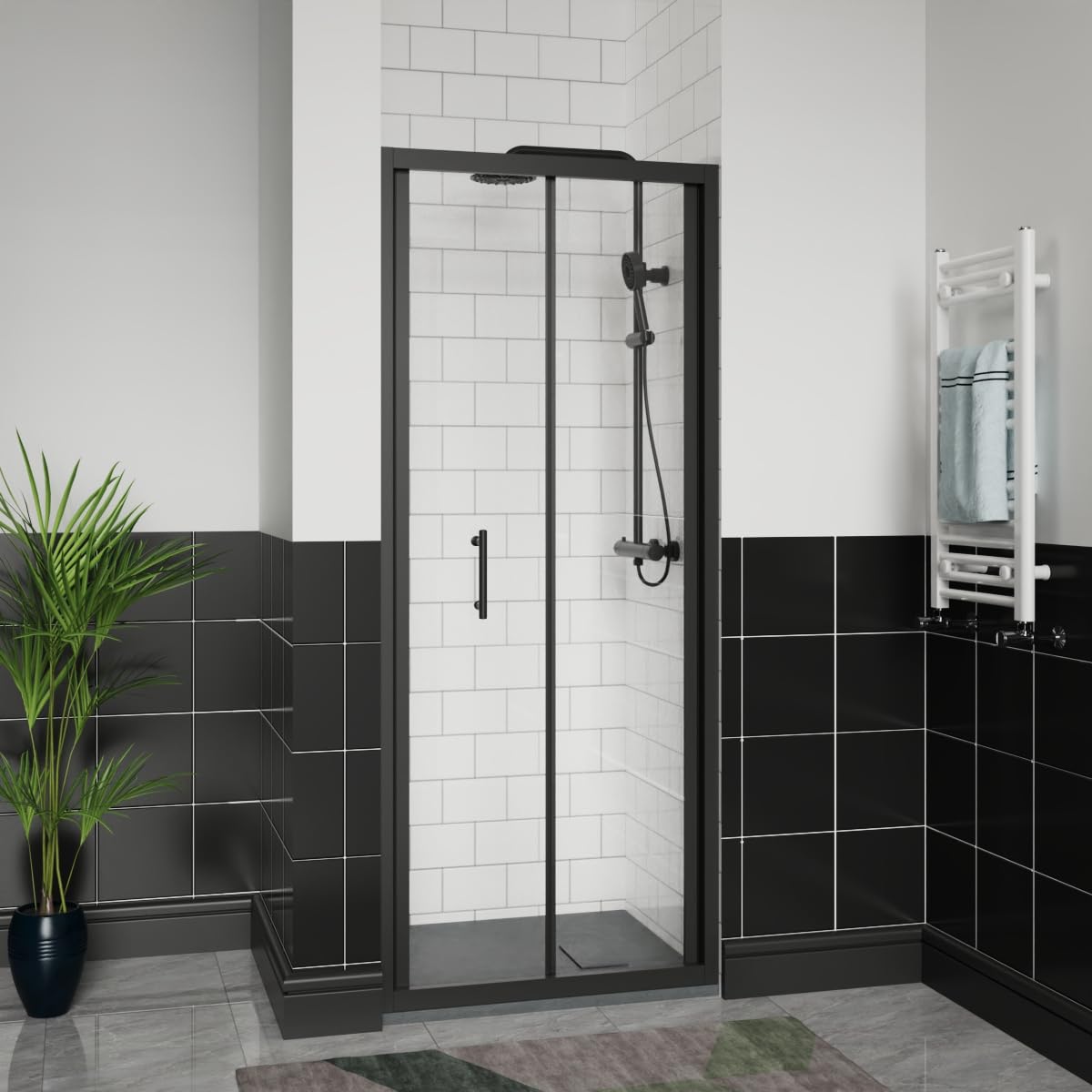 Aquariss 1000x800mm Black Bifold Shower Door Enclosure with 800mm Self Clean Reversible Folding Shower Screen Cubicle, Anthracite SMC Anti Slip Shower Tray and 90mm Waste