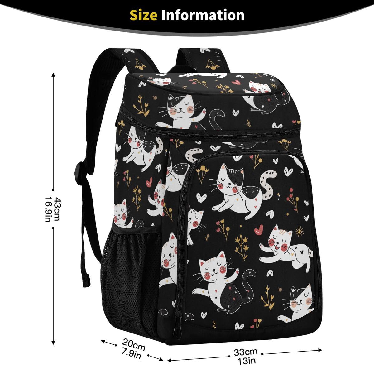 Black Cute Cats Cooler Backpack Leakproof Insulated Lunch Cooler Bag 30 Cans Camping Backpacks for Beach Road Trip Picnic