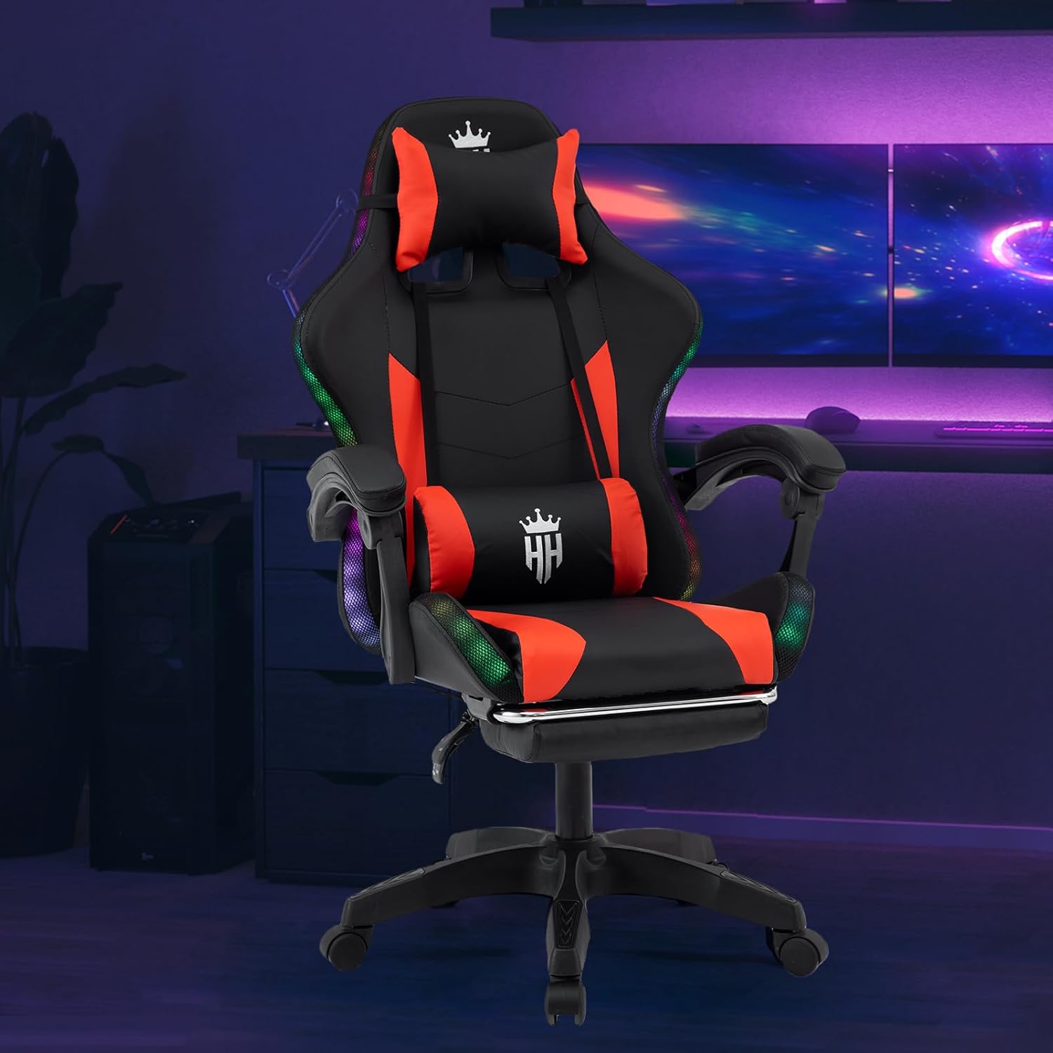 RGB Gaming Chair with Footrest, Computer Gaming Chair with LED Lights for Adults, Reclining Gamer Chair with Adjustable Headrest, Lumbar Support and Linkage Armrests for Home, Office, Gaming Room