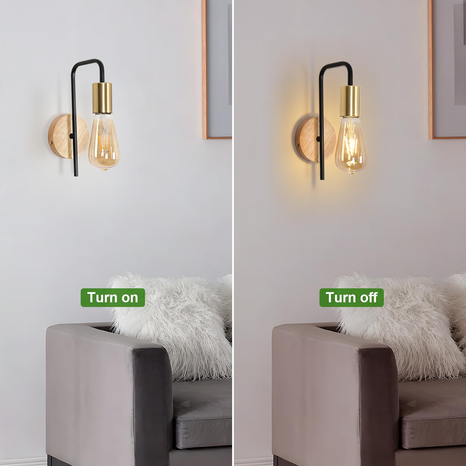 2 Lampade Da Parete E27 Stile Industriale - Nero E Oro, Base Legno, Per Interni E Esterni - Foto 9