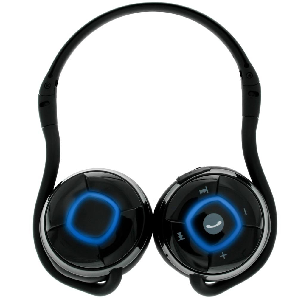 Front view of the Muvit Msound Stereo Bluetooth Wireless Headset with glowing blue rings on the earcups.