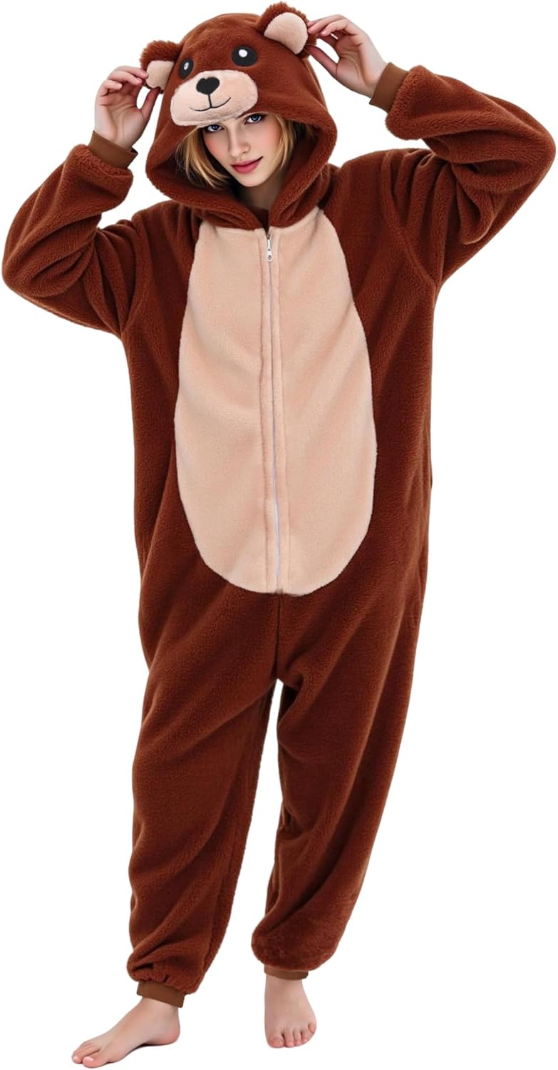 Unisex Adult Animal Onesie Pajamas Brown Bear One Piece Pajamas for Halloween Costume Sleepwear Homewear