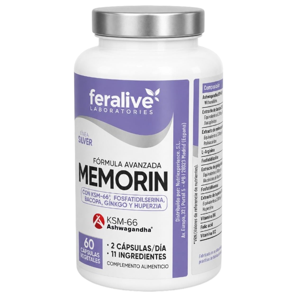 Memorin 60 Cápsulas – Fórmula con KSM-66® Ashwagandha, Bacopa, Ginkgo, Fosfatidilserina – Suplemento para Memoria, Concentración y Rendimiento Cognitivo