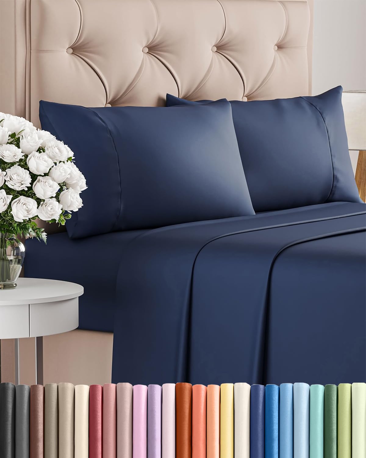 Parure de lit 4 pièces drap housse poches profondes marine lits jumeaux