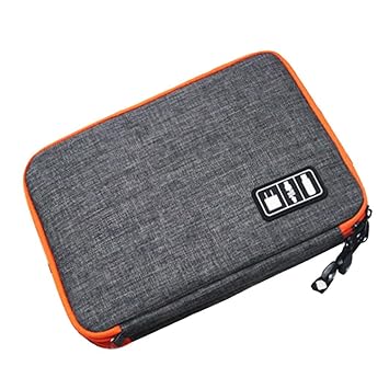 LYLA Portable Nylon Double Layer Electronics Travel Organizer Case Cosmetic Bag with Handle Strap for iPhone, Ipad Air, Ipad Mini, Adaptors, Chargers Large Grey