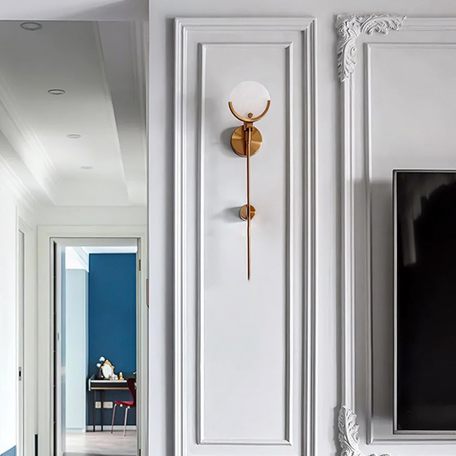 Alabaster Wall Sconces 23.6" Mid Century Modern Wall Light Brass Double Discs Natural Marble Sconce Wall Decor Gold Wall Lamp for Living Room Bedroom Hallway Entryway (E12 Bulb Included)