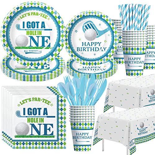Image of APOWBLS Golf Party Decorations Tableware For First Birthday - Hole In One Birthday Decorations Include Plate, Cup, Napkin, Tablecloth, Cutlery, Straw, Golf Theme 1st Birthday Party Supplies | Serve 24