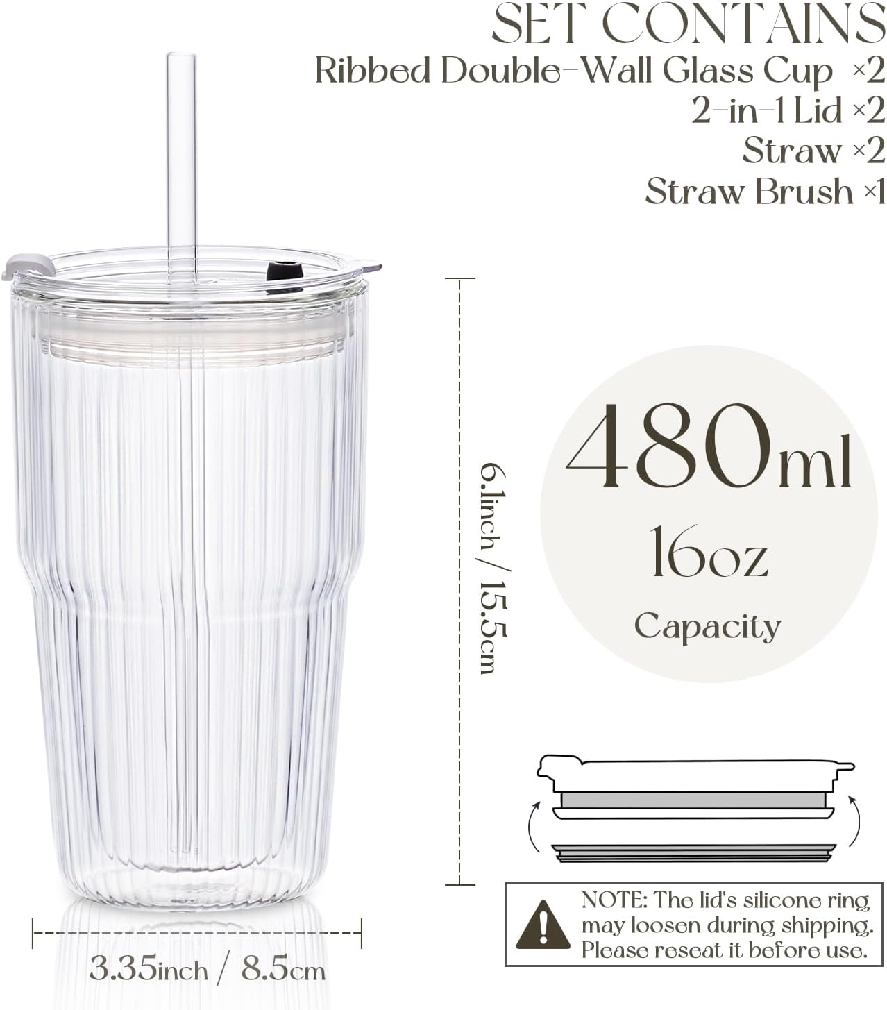 KEMORELA 16oz Ribbed Glass tumbler with Lids and Straws 2pcs,Double Wall Iced Coffee Cups with Lids,Coffee Bar Accessories, Insulated Borosilicate Glass Tumblers, To Go Coffee Cups, Spill proof - Image 5