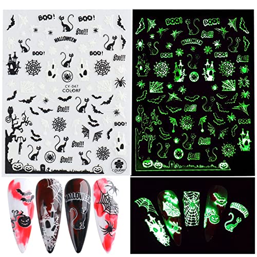 9 Sheets Halloween Nail Art Stickers Decals Self-Adhesive Pegatinas Uñas Cute Scream Spider Web Pumpkin Skull Bat Ghost Witch Nail Supplies Nail Art Design Decoration Accessories Glow In The Dark Luminous #TOP4