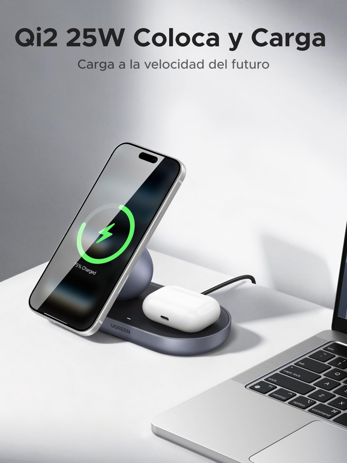 UGREEN Zapix Cargador Inalámbrico iPhone, Qi2 25W Carga Rápida, 2 en 1 Base de Carga sem Fios Magnético Compatible con Magsafe iPhone 17 16 15 14 13 12 Pro MAX Air Plus AirPods (Negro)