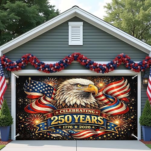 16X7 ft 250th Anniversary Garage Door Cover Decorative - Patriotic Bald Eagle & American Flag 4th of July Banner Outdoor - Garage Buddy Door Cover for 2026 Independence Day Party Decoration