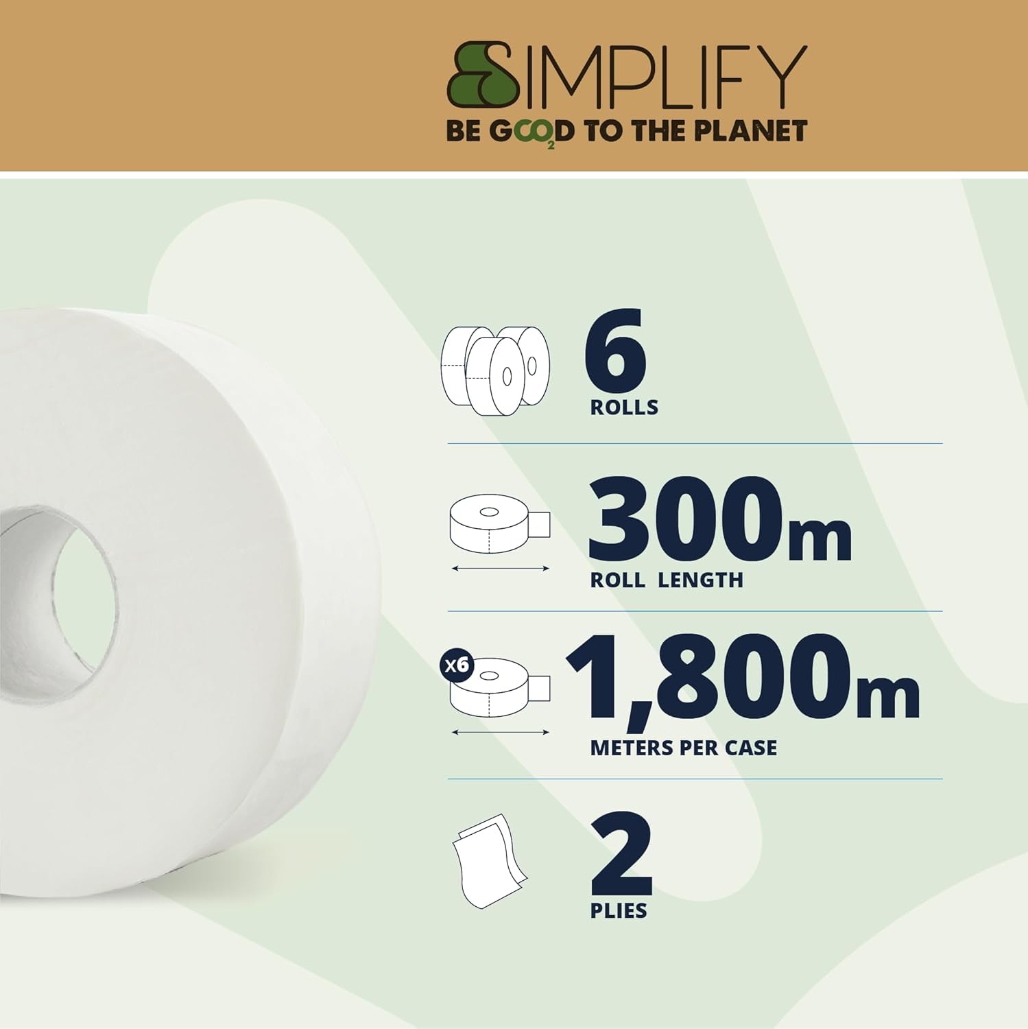 Papernet Simplify - 6 Rouleaux de Papier Hygiénique, 2 Plis | (420928), Rouleaux Maxi Jumbo en Pure Cellulose de 300m Chacun, 7 830 Services de 8,6x23 cm, Gaufrage Micro, Blanc