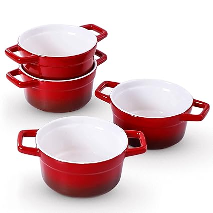 Lareina Ceramic Soup Bowls with Double Handles, 20 Oz Stacked Bowls for French Onion Soup, Cereal, Pot Pies, Stew, Chill, Pasta, Set of 4 Red