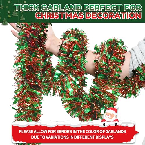 Image of 70 Ft Christmas Tinsel Garland Metallic Tinsel Twist Garland Glitter Christmas Tree Hanging Decorations New Year Party Birthday Holiday Indoor Outdoor Supplies (Red Green)