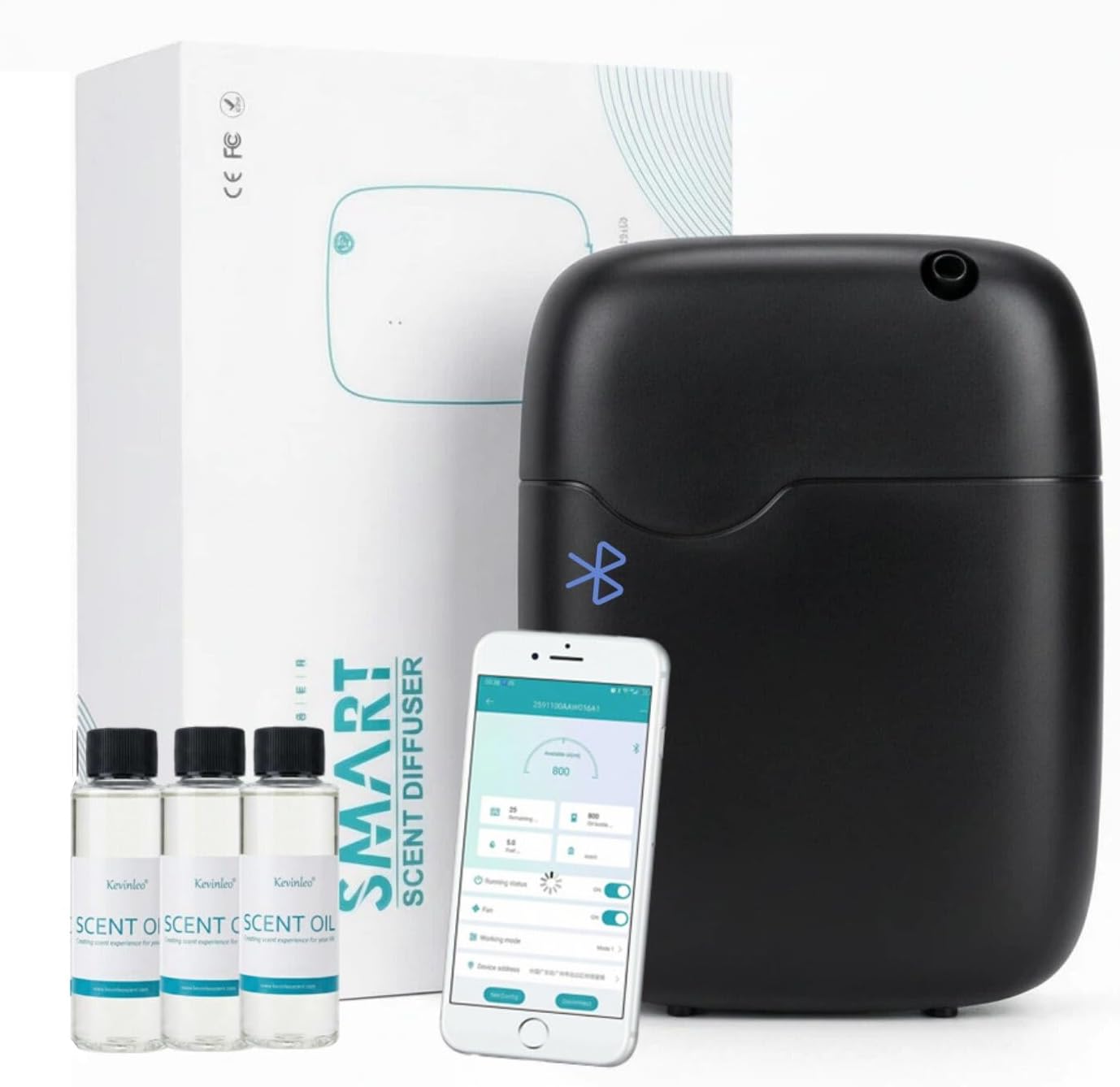 Kevinleo Waterless Essential Oil Diffuser – Bluetooth App Control, 2000 sq ft Coverage, Cold Air Atomizing for Home Office Commercial Use - 3pcs Oil Included (20ml/Bottle)